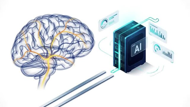sometric 3D illustration of a human brain connected to an artificial intelligence system