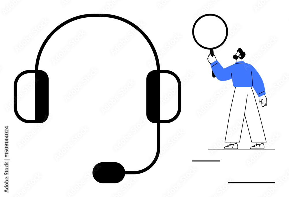 Poster headset with microphone beside a person examining with a magnifying glass. ideal for customer servic