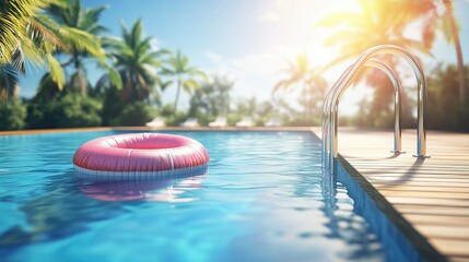 Inflatable circle by the pool on blue water for summer holidays