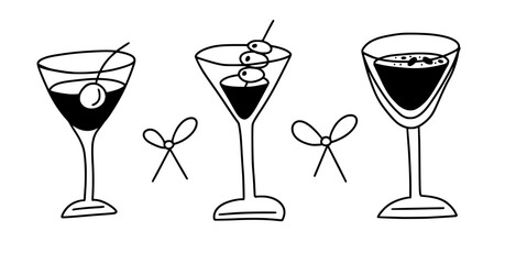 Hand drawn coquette cocktail martini with cherry. Hand drawn alcohol cocktail.