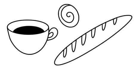 Doodle cup of tea and loaf of bread for branding. Outline elements for bakery.
