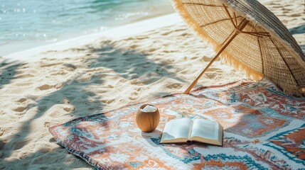 Beach Picnic Setup with Umbrella and Blanket for Seaside Relaxation, summer background