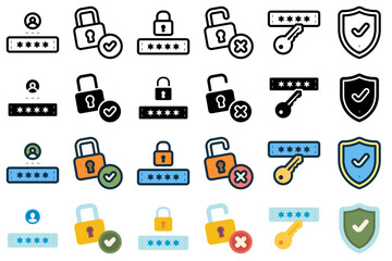Account security icon set related to password, security, access, secure, protection and others. vector illustration with line, outline, glyph, lineal color, flat style