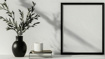 Minimalist composition featuring a blank picture frame greenery vase and coffee mug on a shelf