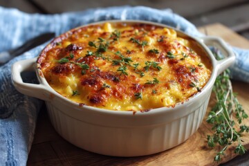 Mac and Cheese überbacken mit goldbrauner Käseschicht und frischen Kräutern cremige Käsenudeln im Ofen gebacken amerikanisches Soulfood Käseauflauf Komfortessen Foodfotografie Nahaufnahme