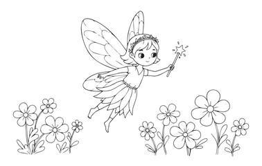 Obraz premium Coloring page of a cute fairy with a magic wand flying among flowers
