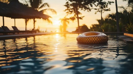 Pool Float in Tropical Sunset Poolside Setting for Summer Relaxation, summer background