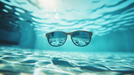 Sunglasses Floating Underwater for Lifestyle and Travel Marketing, summer background