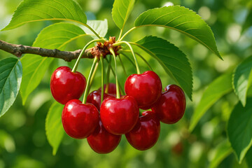 Sweet red cherries hanging on a tree branch in sunlight with vibrant green leaves. Great for packaging, health ads, food blogs, and seasonal promotions.