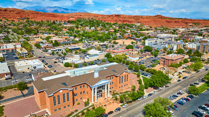 Aerial Courthouse and Red Rock Cliffs in St George Utah Wide View