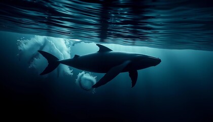 Fototapeta premium Elegant whale silhouettes glide through deep ocean currents, stark contrast, wildlife, marine life