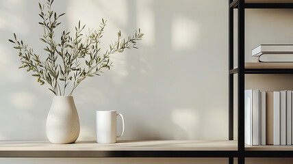 Minimalist interior shelf with olive branches in vase and white mug alongside books.