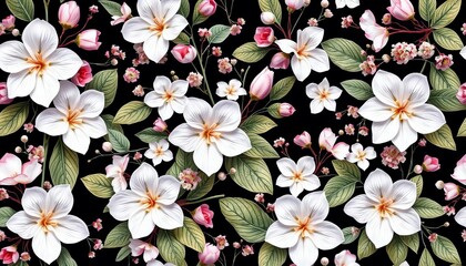 Elegant white seamless floral pattern featuring delicate blossoms and leaves, graphic, repeat