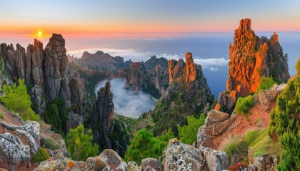 Majestic high altitude mountain pass surrounded by a sea of clouds and breathtaking views