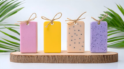 Four Colorful Handmade Soap Bars on Wooden Display