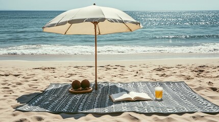 Beach Picnic Setup with Umbrella and Blanket for Seaside Relaxation, summer background