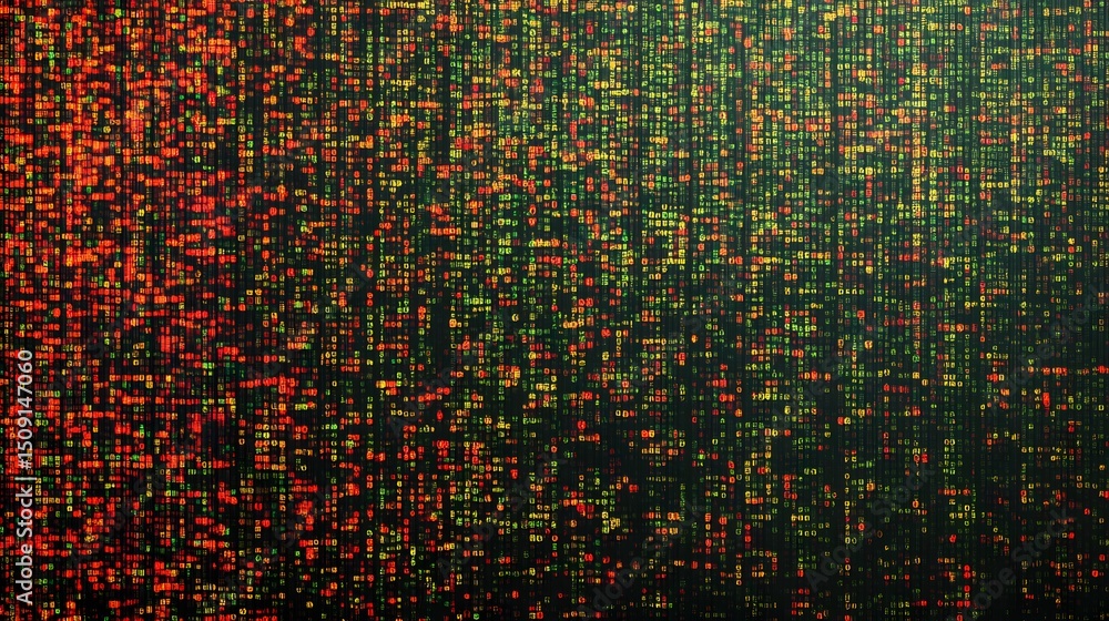 Poster abstract digital pattern of small colored squares on a dark background.