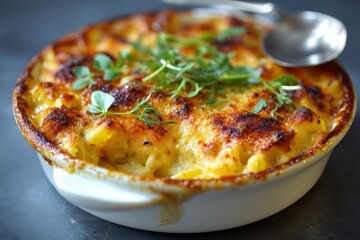 Mac and Cheese überbacken mit goldbrauner Käseschicht und frischen Kräutern cremige Käsenudeln im Ofen gebacken amerikanisches Soulfood Käseauflauf Komfortessen Foodfotografie Nahaufnahme