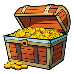 Wooden treasure chest overflowing with gold coins on beach