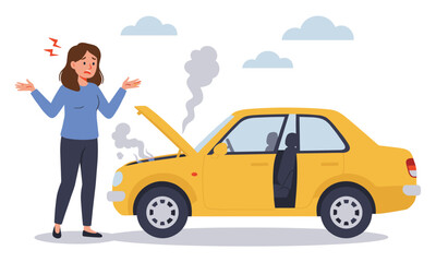 Woman Stressed by Car Breakdown Illustration