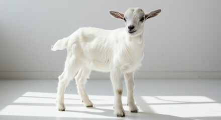 Fototapeta premium White Baby Goat Standing on Bright White Background in Studio