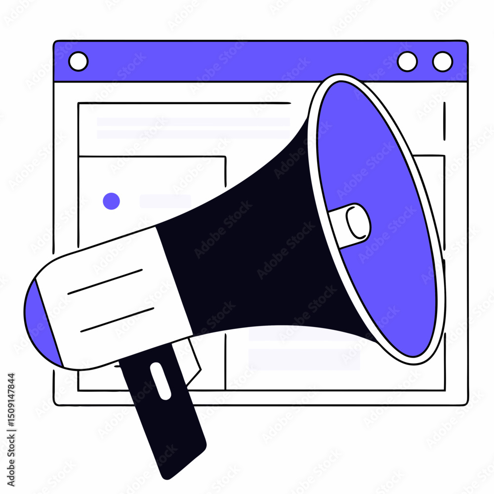 Poster megaphone in front of a website window promotion and marketing concept