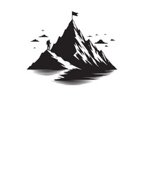 Classic peak silhouette with a tiny figure and flag at the summit, isolated on a white background