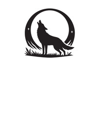 Silhouette of a Wolf Howling at a Crescent Moon, isolated on a white background