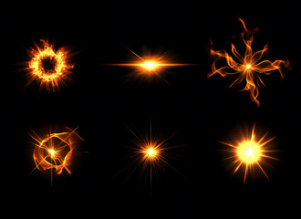 Six different abstract shapes of burnings isolated on black.