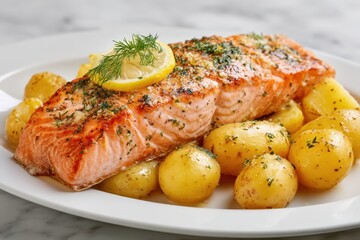 Gebratener Lachs mit Zitronenscheiben und frischem Dill serviert mit kleinen Kartoffeln in Kr&auml;uterbutter traditionelles Fischgericht gesunde Ern&auml;hrung leckeres Abendessen Foodfotografie Nahaufnahme