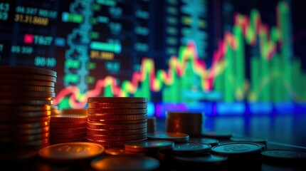 Gleaming coins rest before financial data displays, reflecting wealth and market trends elegantly.