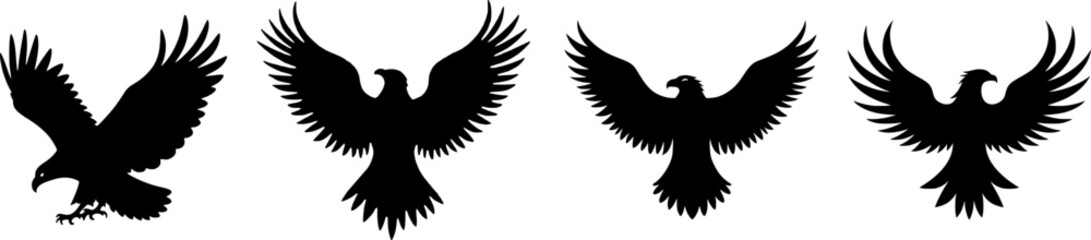 Obraz premium Eagle Silhouette Vector Set – Majestic Bird of Prey with Wings Spread, Flying and Hunting Poses, Black and White Illustration for Logo, Emblem, and Wildlife Design 