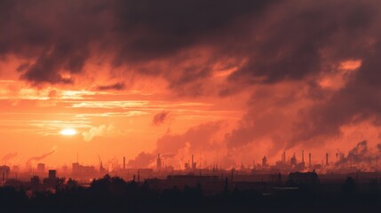 Obraz premium City silhouette against a dramatic sunset sky with clouds
