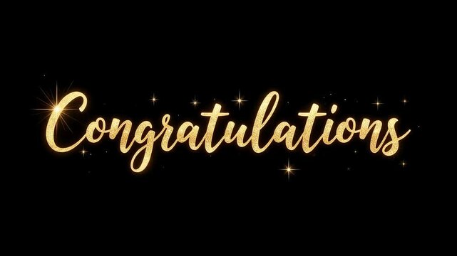 Golden congratulations text with sparkling stars on a black background animation loop