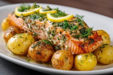 Gebratener Lachs mit Zitronenscheiben und frischem Dill serviert mit kleinen Kartoffeln in Kr&auml;uterbutter traditionelles Fischgericht gesunde Ern&auml;hrung leckeres Abendessen Foodfotografie Nahaufnahme