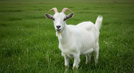 Fototapeta premium Curious White Goat Standing in Lush Green Meadow Smiling Outdoor