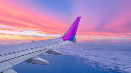 Airplane Wing Over Pink and Purple Sunset Clouds
