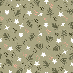 Floral seamless pattern. Foliage vector surface pattern design of tropical Hawaiian lauae fern leaves and stars