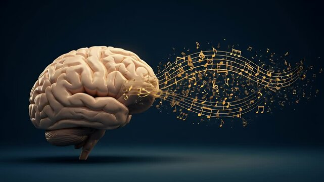 The Music of the Mind: A 3D Render of a Brain Emitting Musical Notes
