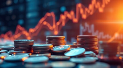 Stack of cryptocurrency coins and blurred financial chart creates an optimistic economic concept.