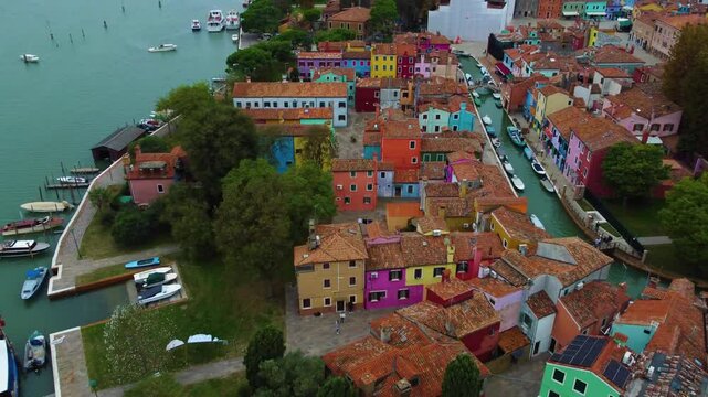 Drone video of Burano in Venice, Italy. With the beautiful coloured houses.
