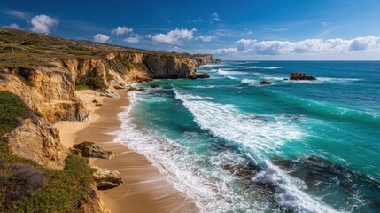 Obraz premium Coastal view of cliffs meeting the ocean under a partly cloudy sky