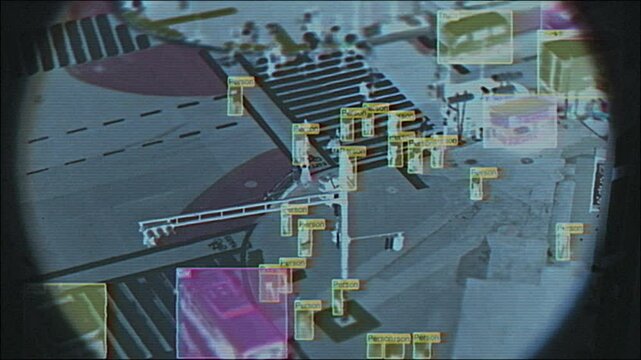 4K Aerial surveillance of city intersection with AI detection boxes, cyber HUD interface, pixel glitch effects and CRT-style distortion, motion graphics overlay, screen mode, urban monitoring system