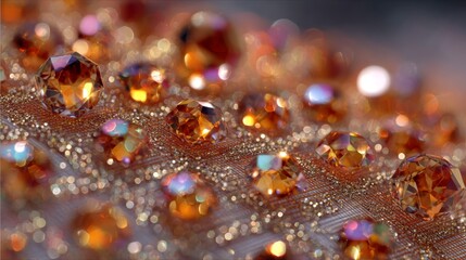 Sparkling orange gemstones on glittering fabric surface in macro shot close-up.