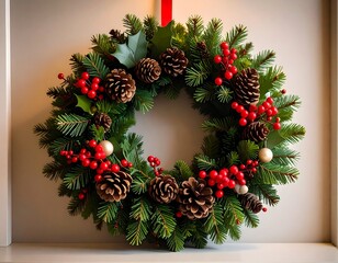 Lush evergreen wreath adorned with pine cones, red berries, and gold accents, hanging on a wall