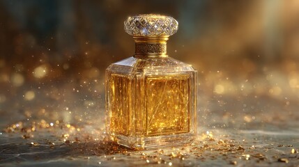 Luxurious golden perfume bottle sparkling on marble with bokeh lights around.
