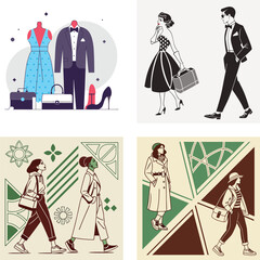 Fototapeta premium Stylish Fashion Illustrations Featuring Diverse Models and Apparel