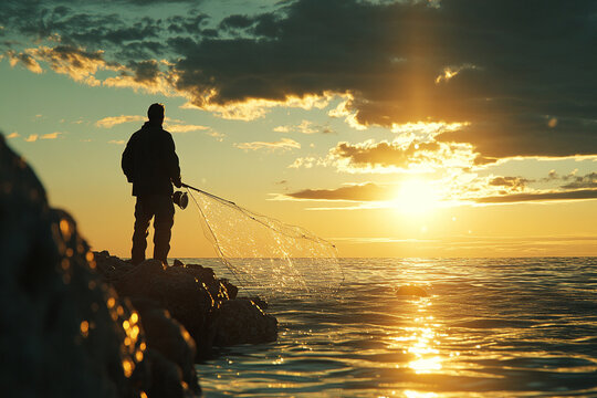 A fisherman casting a net into the ocean silhouette