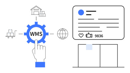 Hand interacting with WMS gear icon, warehouse, inventory, globe, and social metrics panel. Ideal for logistics, supply chain, warehousing, inventory control digital operations global trade simple