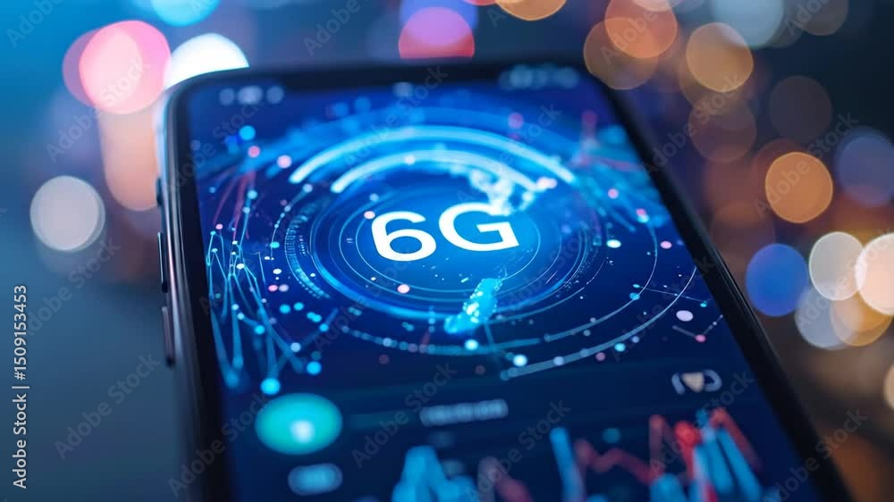 Poster experience the future with 6g technology on smartphone display with bokeh background